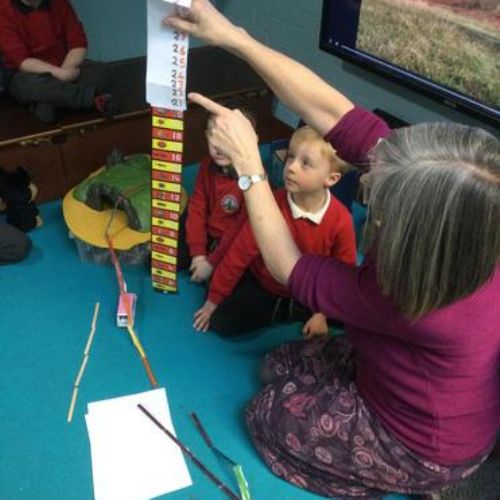 Measuring distance. We measured and counted how far between our houses with lollysticks.